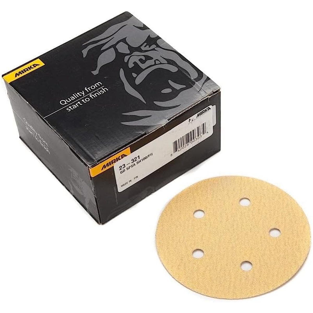 Mirka 23-321-320 5 inch 5-hole PSA sanding disc next to box packaging for dust-managed finish sanding with a perforated pad