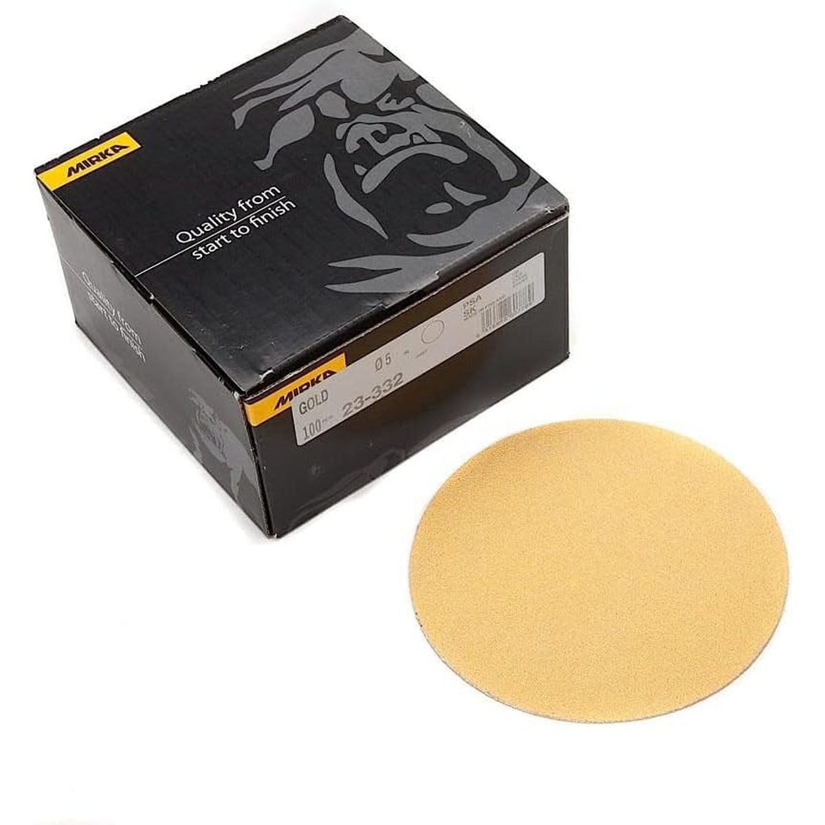 Mirka 23-332-120 Gold PSA Sanding Disc 5 inch P120 disc and box for finish sanding and material removal in workshop use