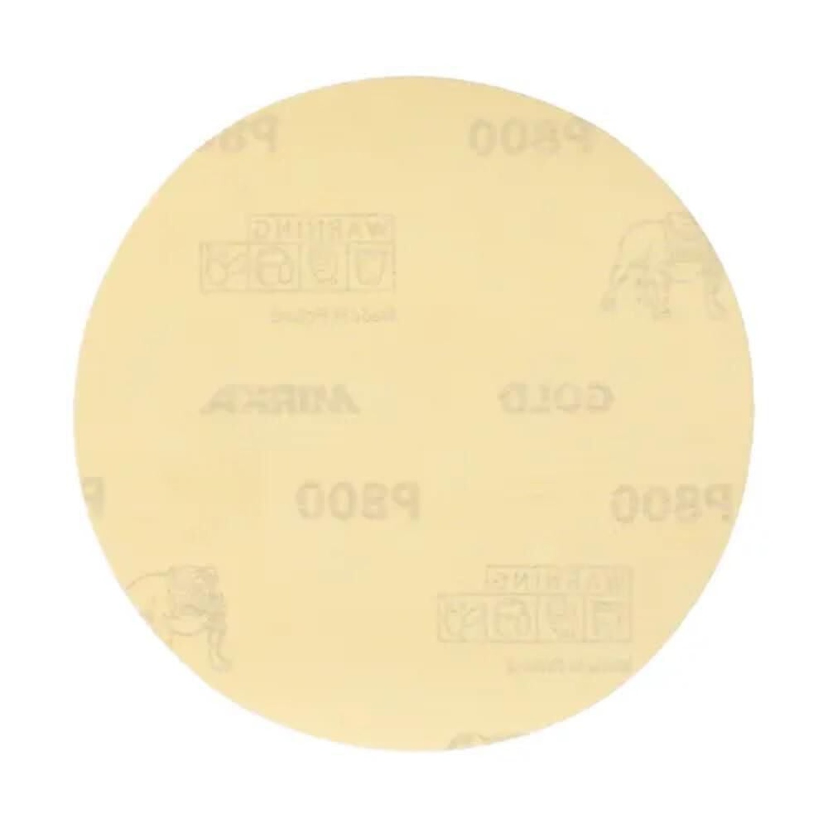 Mirka 23-388-150 5 in. 150 Grit No-Hole Adhesive Sanding Disc shown as a single gold PSA sanding disc for wood, metal, paint, and coating surface prep