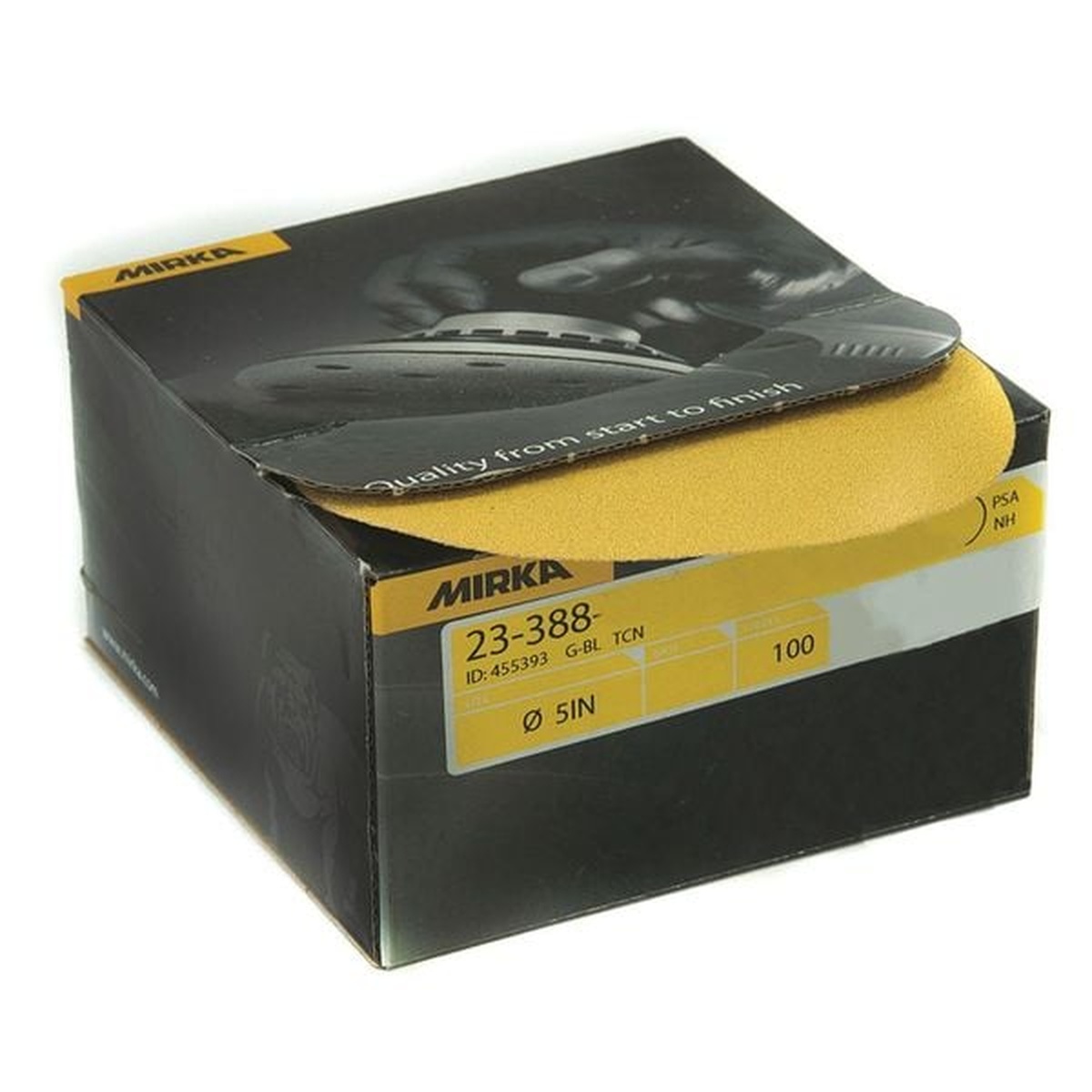 Mirka 23-388-320 5 inch P320 no-hole PSA sanding discs box and disc for fine surface prep and finishing work in a shop setting