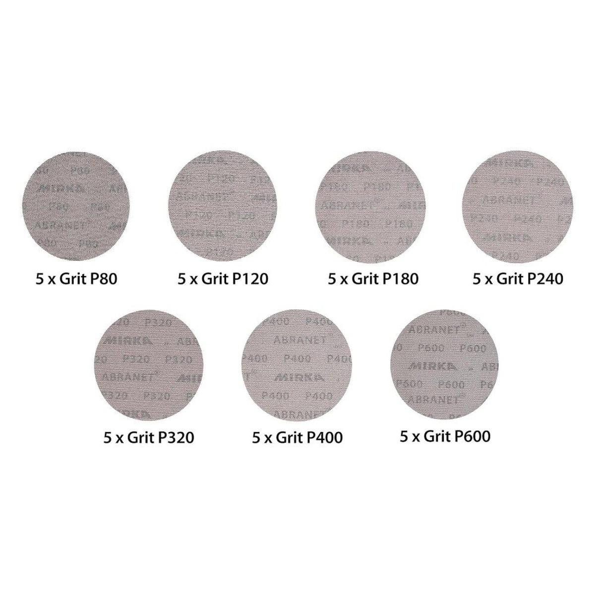 Mirka 6 Inch Maroon Assorted Pack 80-600 Grit Mesh Sanding Disc assortment showing seven grit options for woodworking, refinishing, and surface prep