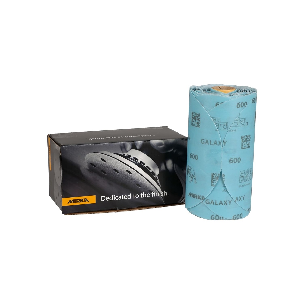 Mirka Galaxy 6-Inch 600 Grit PSA Sanding Discs box and 100-disc linkroll for shop sanding and production finishing tasks