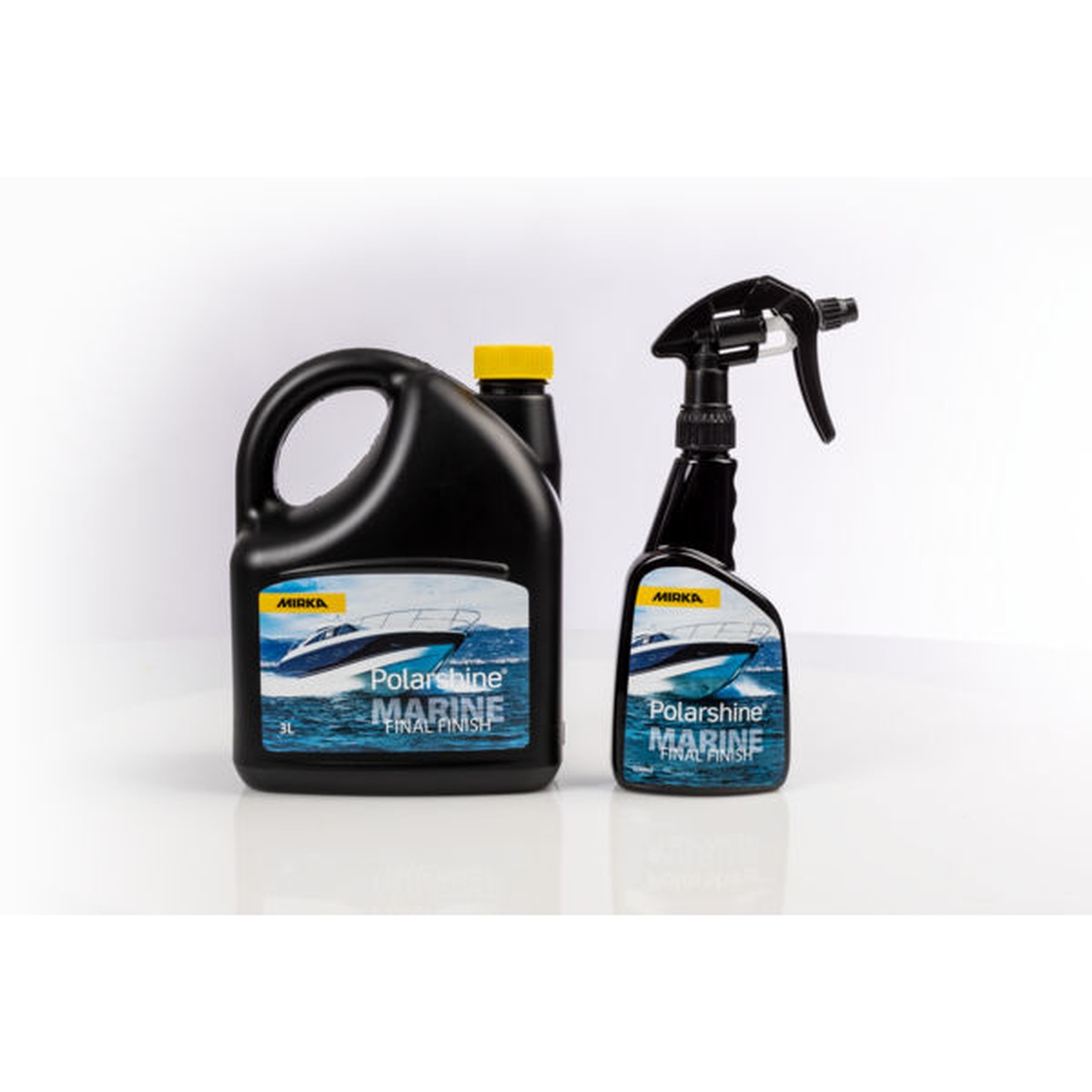 Mirka Polarshine Marine Final Finish products in 500 mL spray bottle and larger container for boat cleaning and finishing tasks