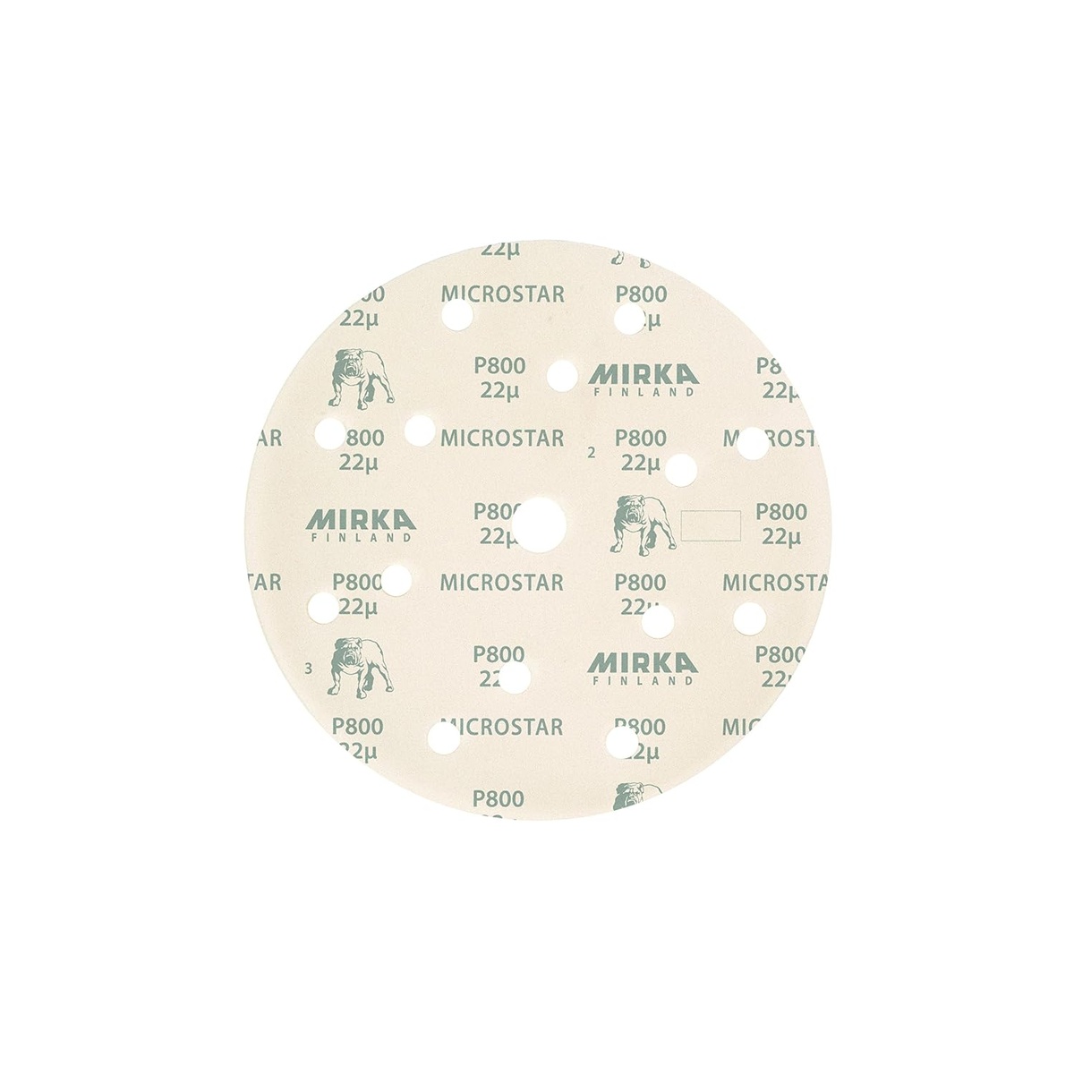 Mirka FM-611-1000 Microstar film-back grip disc with 15-hole vacuum pattern for fine sanding on painted surfaces and finish prep in a workshop setting