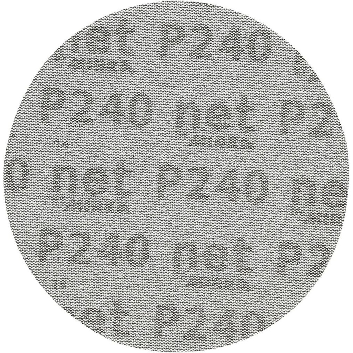 Mirka 6 Inch 240 Grit Hook & Loop Mesh Grip Adhesive Sanding Disc 50 Pieces detail view showing 240 grit printed mesh backing for finishing and refinishing work