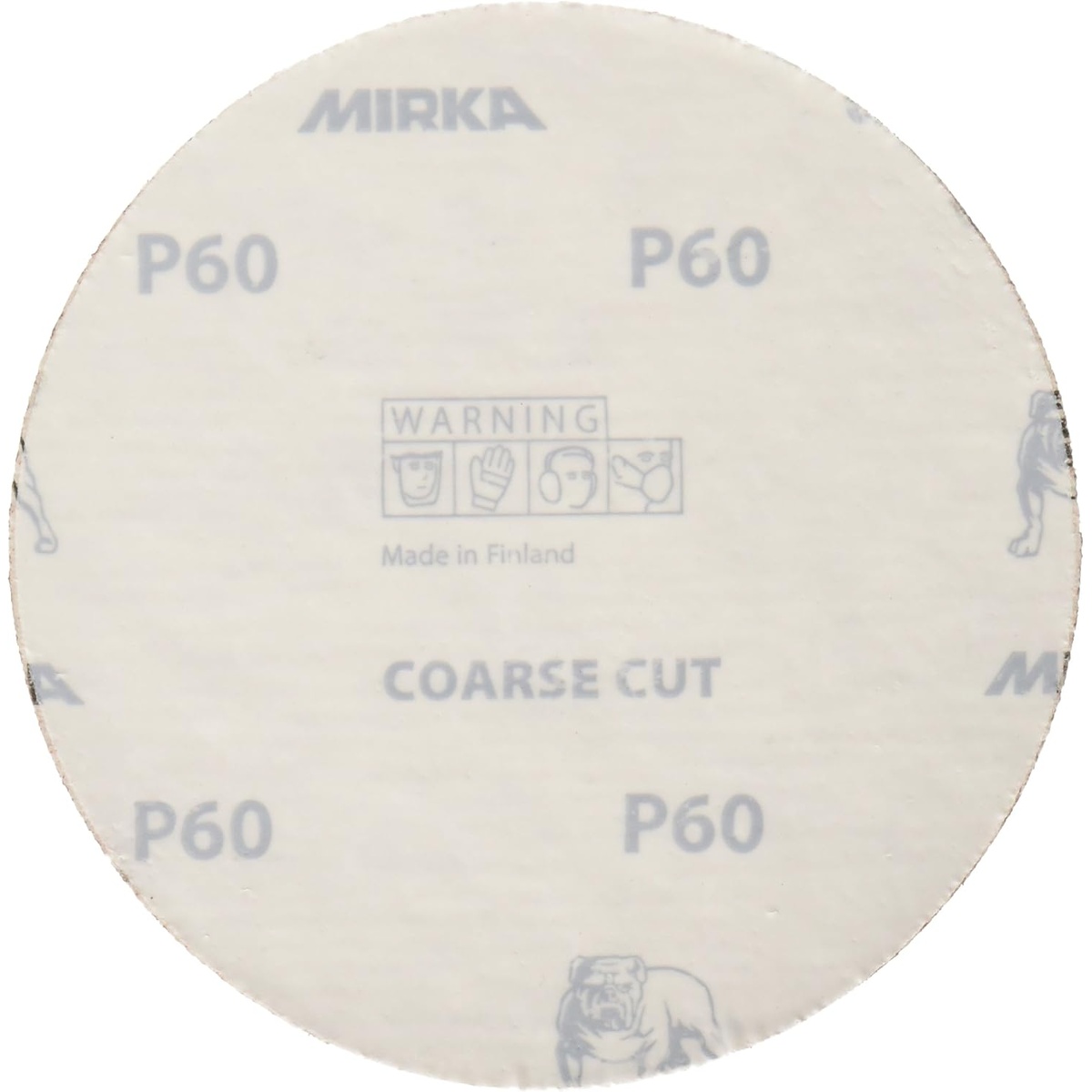 Back side of Mirka 40-332-060 Coarse Cut PSA Disc 5 Inch marked P60 and Made in Finland for adhesive pad mounting in sanding applications