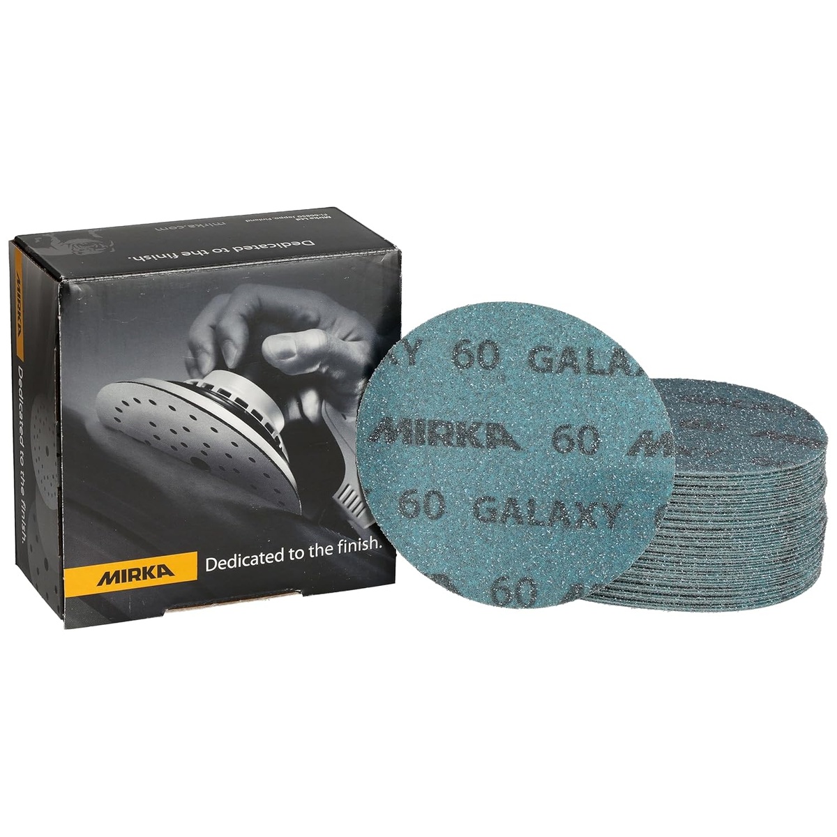 Mirka Galaxy 5-Inch 60 Grit Sanding Discs pack with hook and loop sanding discs for random orbital surface preparation in wood and automotive finishing work