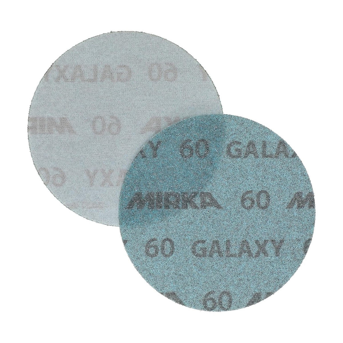 Mirka Galaxy 5-Inch 60 Grit Sanding Discs showing abrasive face and hook and loop backing for quick disc changes on a 5 inch orbital sander