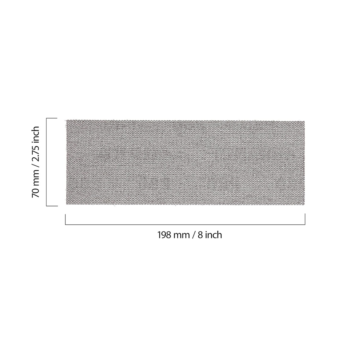 Mirka 9A-150-APRP Abranet Net Sanding Sheets dimensions shown for 2.75 x 8 inch straight line sander sheet format in workshop use