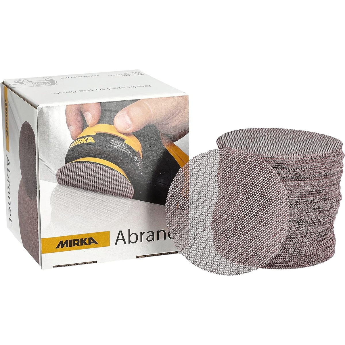 Mirka Abranet 9A-203-120 3 inch 120 grit mesh sanding discs box and stack for woodworking, paint prep, filler sanding, and metal prep