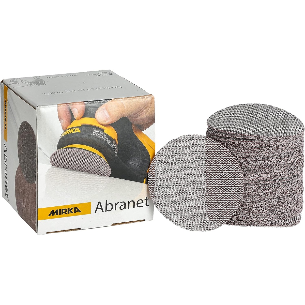 Mirka Abranet 9A-203-600 box and stack of 3 inch hook and loop mesh sanding discs for orbital sanding and spot repair work