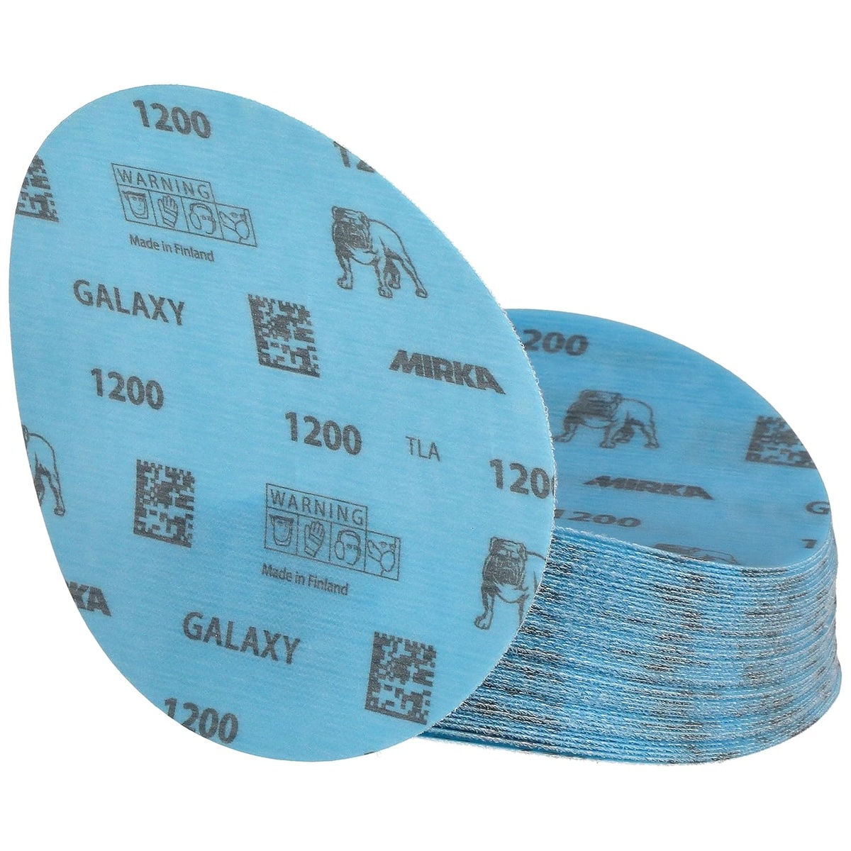 Stack of Mirka 6 inch Galaxy 1200 grit sanding discs used for repeated finish sanding steps on resin, gelcoat, metal, and wood surfaces