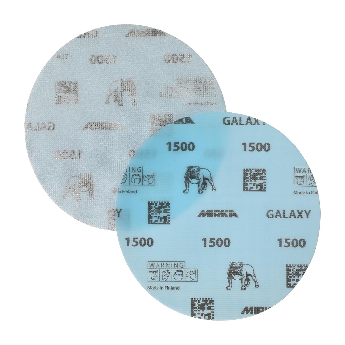 Mirka FY-622-1500 Galaxy 6-Inch Hook and Loop Sanding Discs showing abrasive face and backing for orbital sander attachment in workshop sanding tasks
