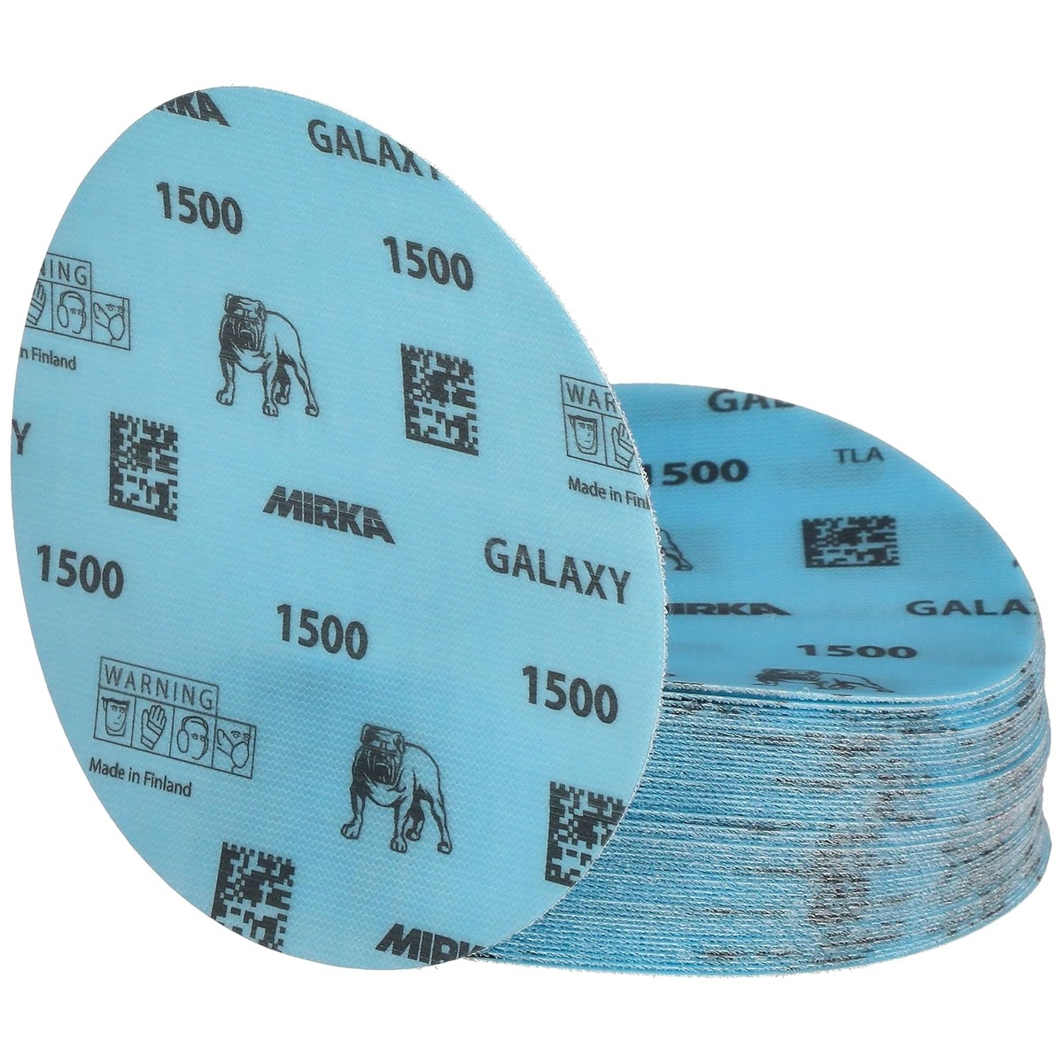 Mirka FY-622-1500 Galaxy 6-Inch Hook and Loop Sanding Discs stacked for finish sanding on epoxy resin, wood, and metal in shop use