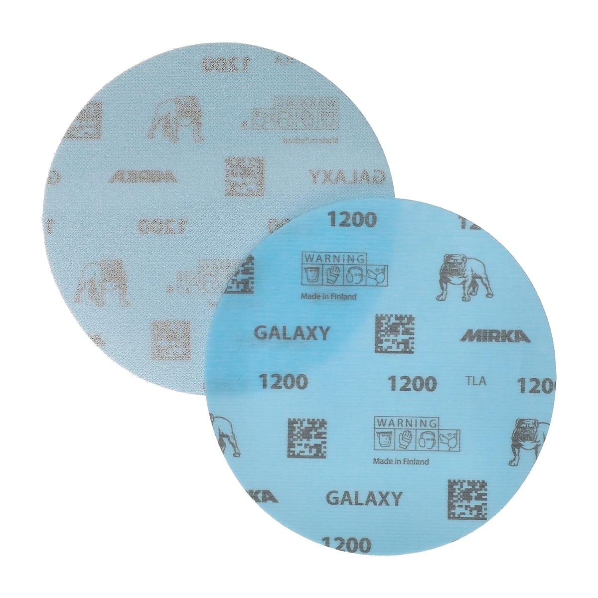 Mirka Galaxy 6 inch 150mm Grit 1200 Hook and Loop Sanding Disc showing abrasive face and hook and loop backing for power sander use