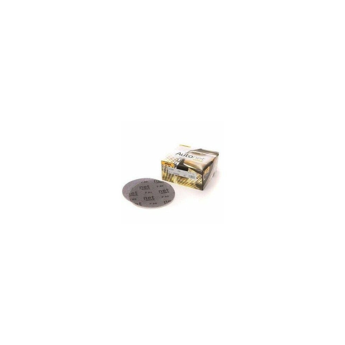 Mirka AE23205018 5 in. P180 Autonet Mesh Discs product box and 5 inch sanding disc on a clean background for finish sanding and surface preparation