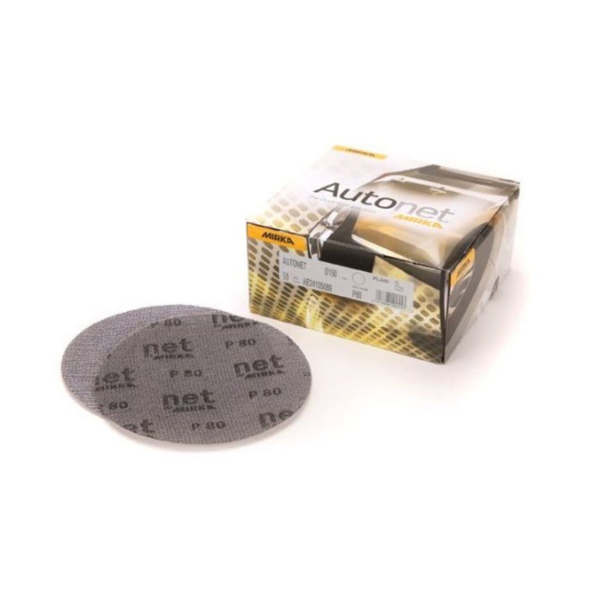 Mirka AE23205025 Autonet 240 Mesh Grip Sanding Discs box and single 5 inch disc for shop stocking and daily refinishing work