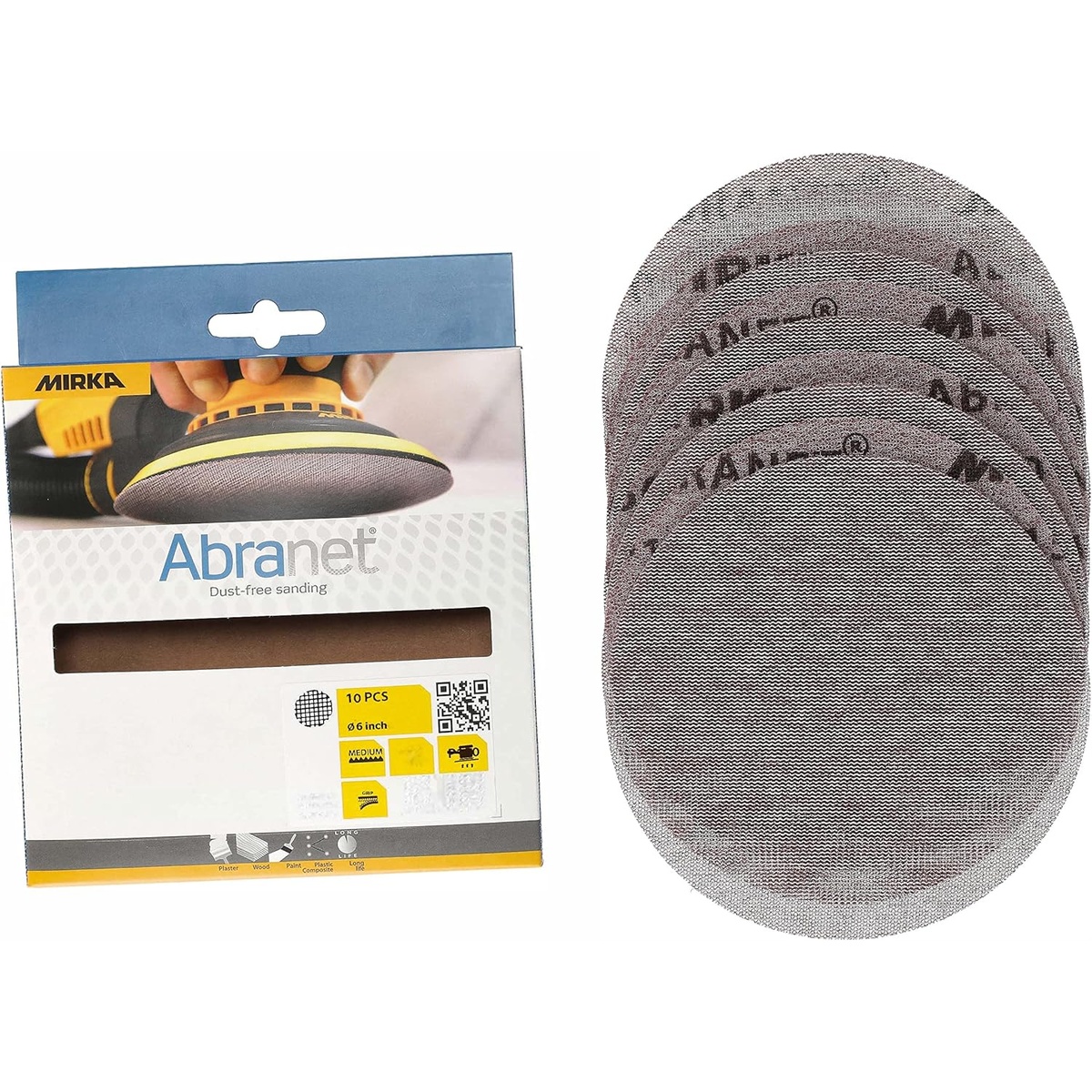 Mirka Abranet Net Disc / 6 inch/Grit 100 / Sandpaper Sanding Discs Hook and Loop / 10 pcs / 9A-241-100RP package with multiple 6 inch mesh discs for shop sanding and surface preparation