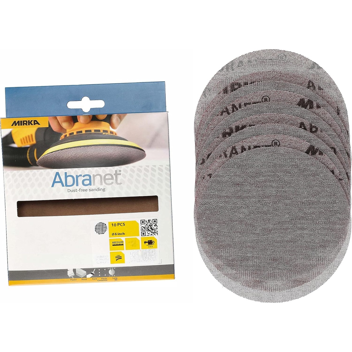 Mirka Abranet Net Disc 6 Inch Grit 150 Sanding Discs Hook and Loop 10 pcs 9A-241-150RP pack with 10 mesh sanding discs for orbital sanding and hand sanding