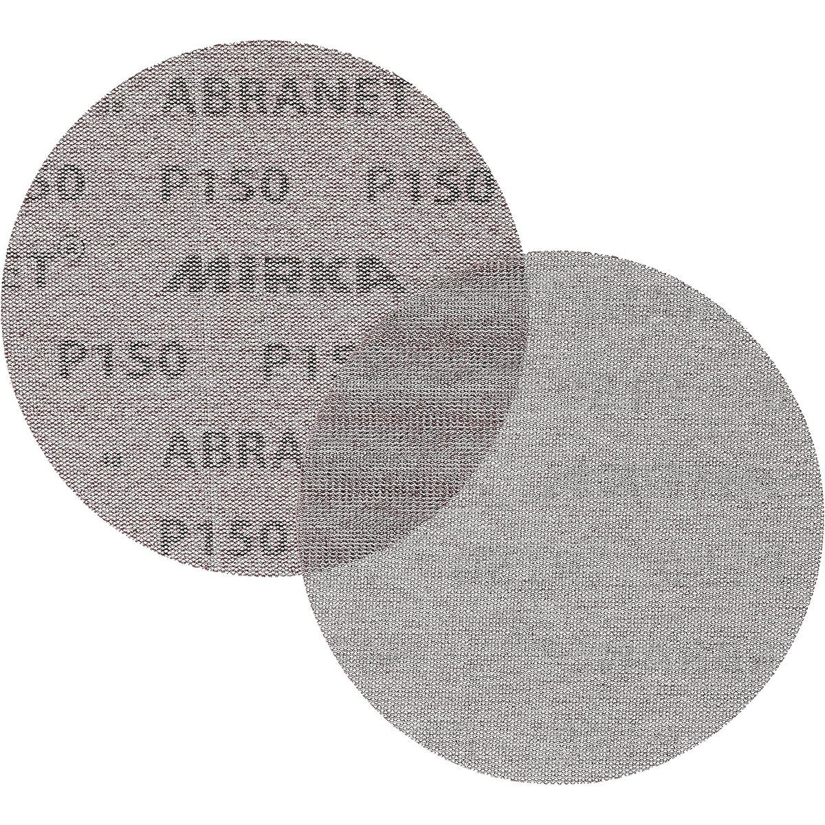 Mirka Abranet Net Disc 6 Inch Grit 150 Sanding Discs Hook and Loop 10 pcs 9A-241-150RP showing abrasive side and mesh backing for wood filler paint plastic and metal sanding