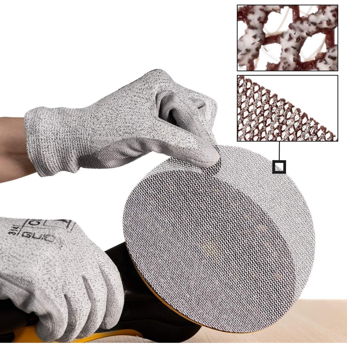 Mirka Abranet Net Disc 6 Inch Grit 150 Sanding Discs Hook and Loop 10 pcs 9A-241-150RP mesh sanding disc being installed on a 6 inch orbital sander for dust-reduced surface prep work