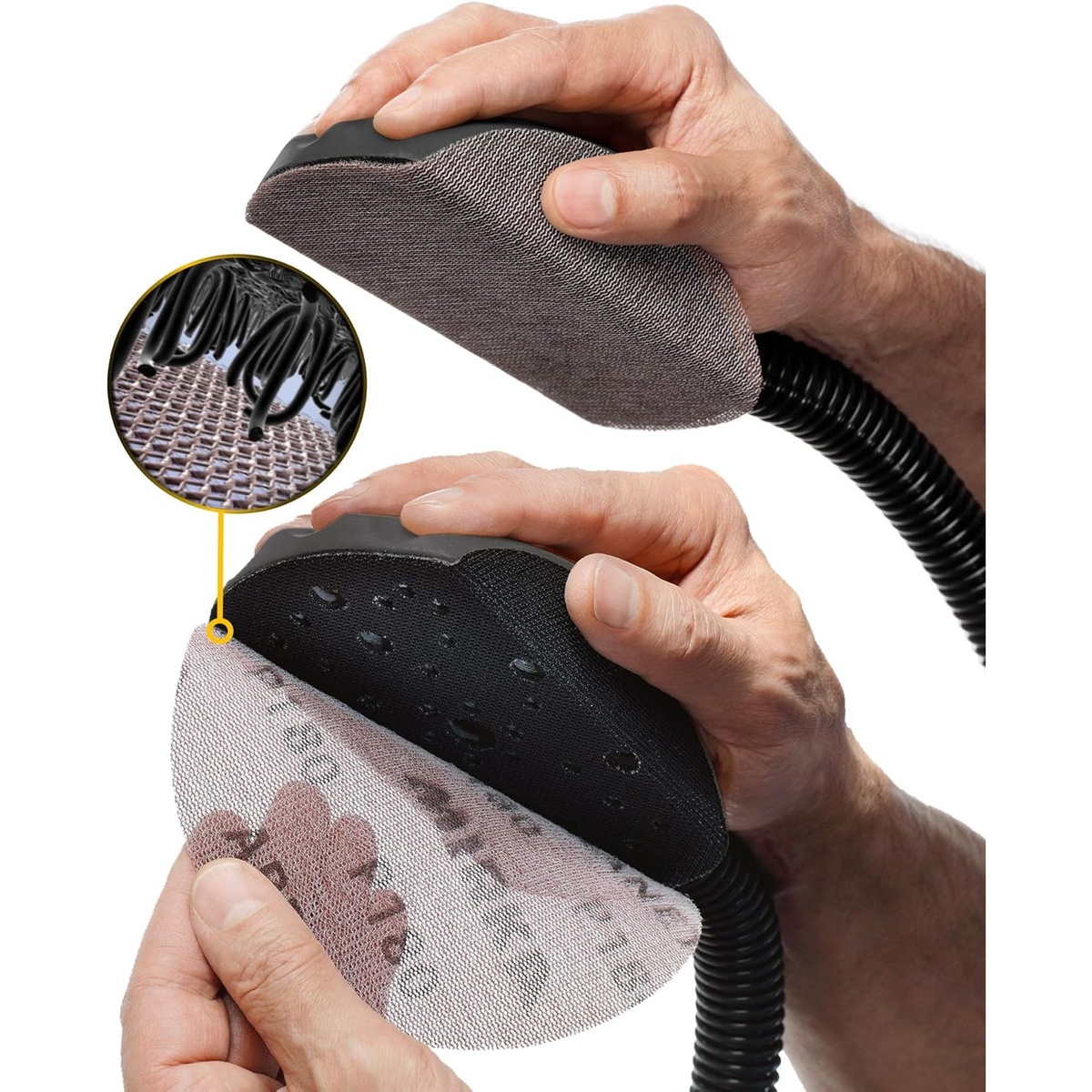 Mirka Abranet 6-Inch 400 Grit Hook and Loop Mesh Sanding Disc attached to a vacuum-assisted hand sanding pad for dust extraction in finishing work