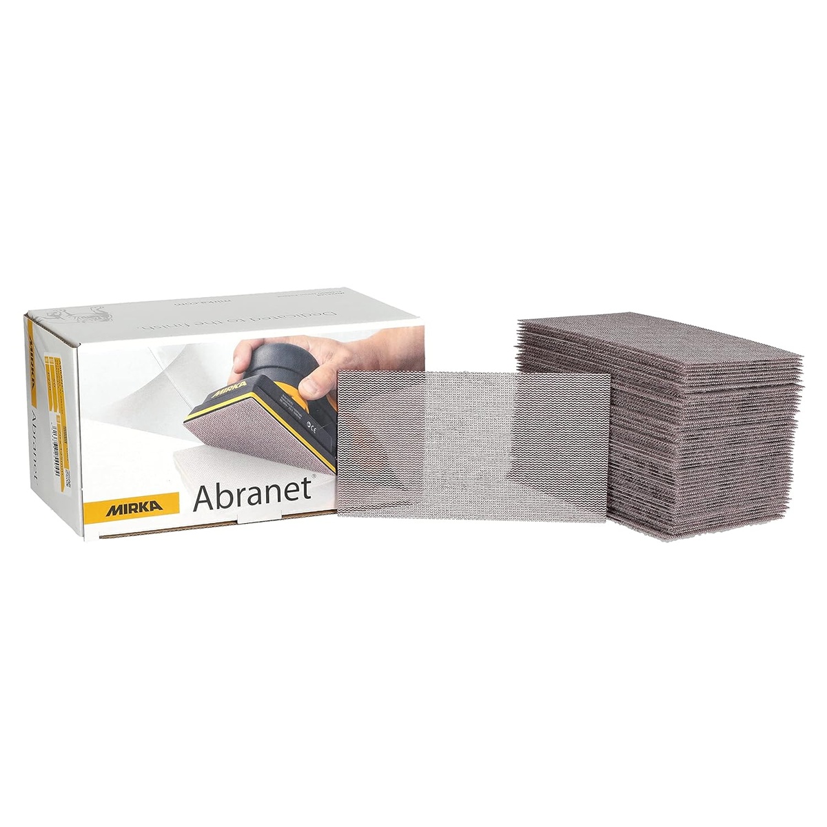 Mirka Abranet 9A-149-120 sanding sheets in 2-3/4 x 5 inch size shown in box and stacked for shop use with a rectangular sanding pad format