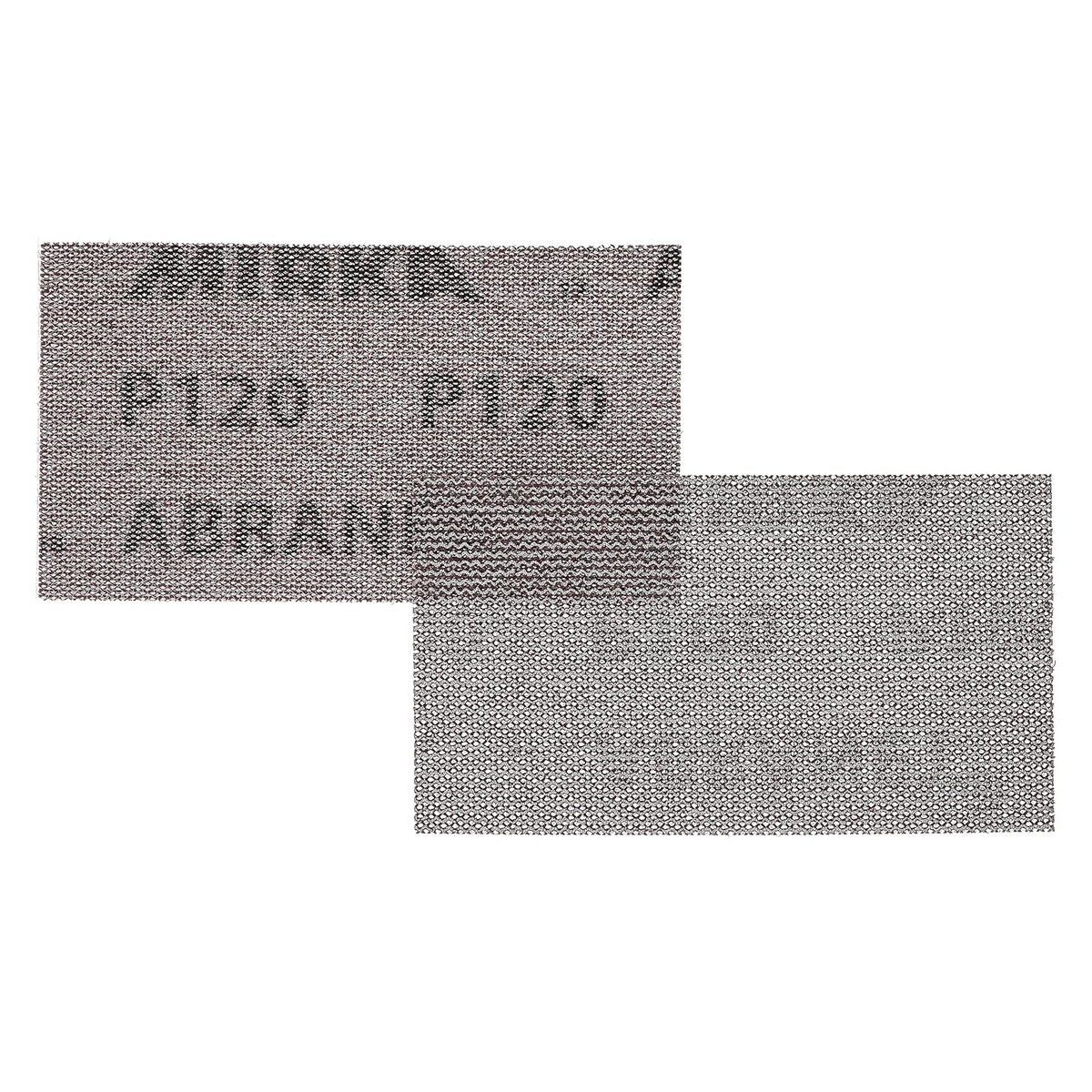 Front and back view of Mirka Abranet 9A-149-120 sanding sheets showing mesh abrasive face and hook and loop backing for quick changes on a shop sanding setup