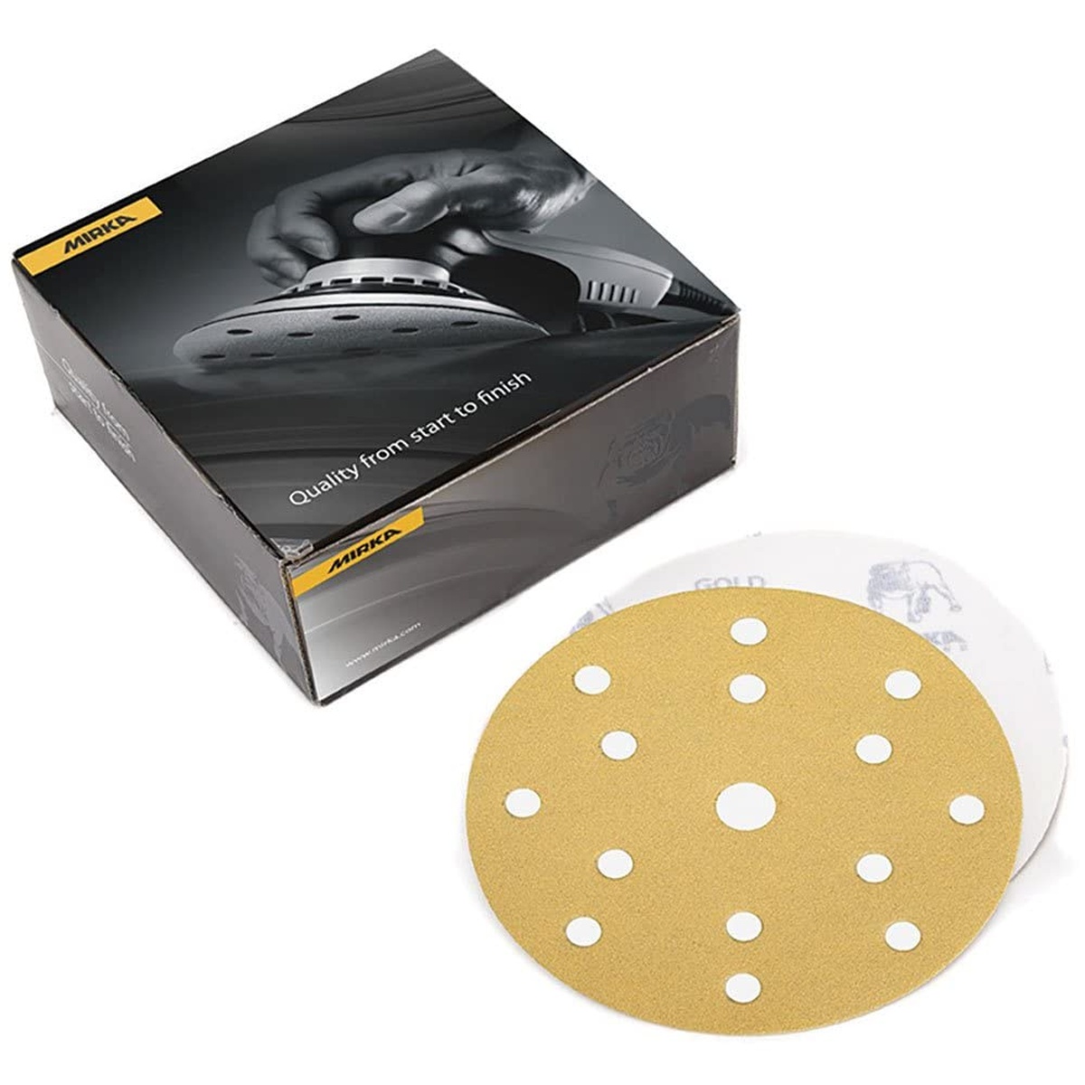 Mirka 23-622-150 Gold Grip Disc sanding disc with Mirka packaging in a workshop supply context for 6 inch sanding and surface finishing work