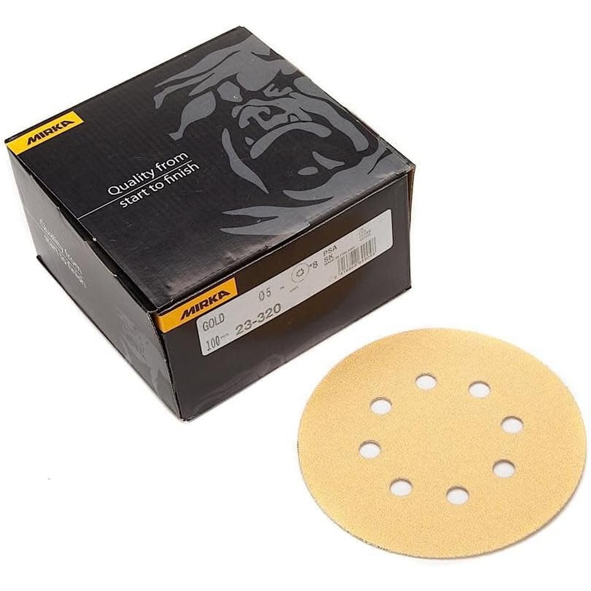 Mirka Gold 5 Inch 8 Hole PSA Vacuum Disc P80 100 Pieces box and sanding disc for wood, metal, and plastic surface preparation in a shop setting