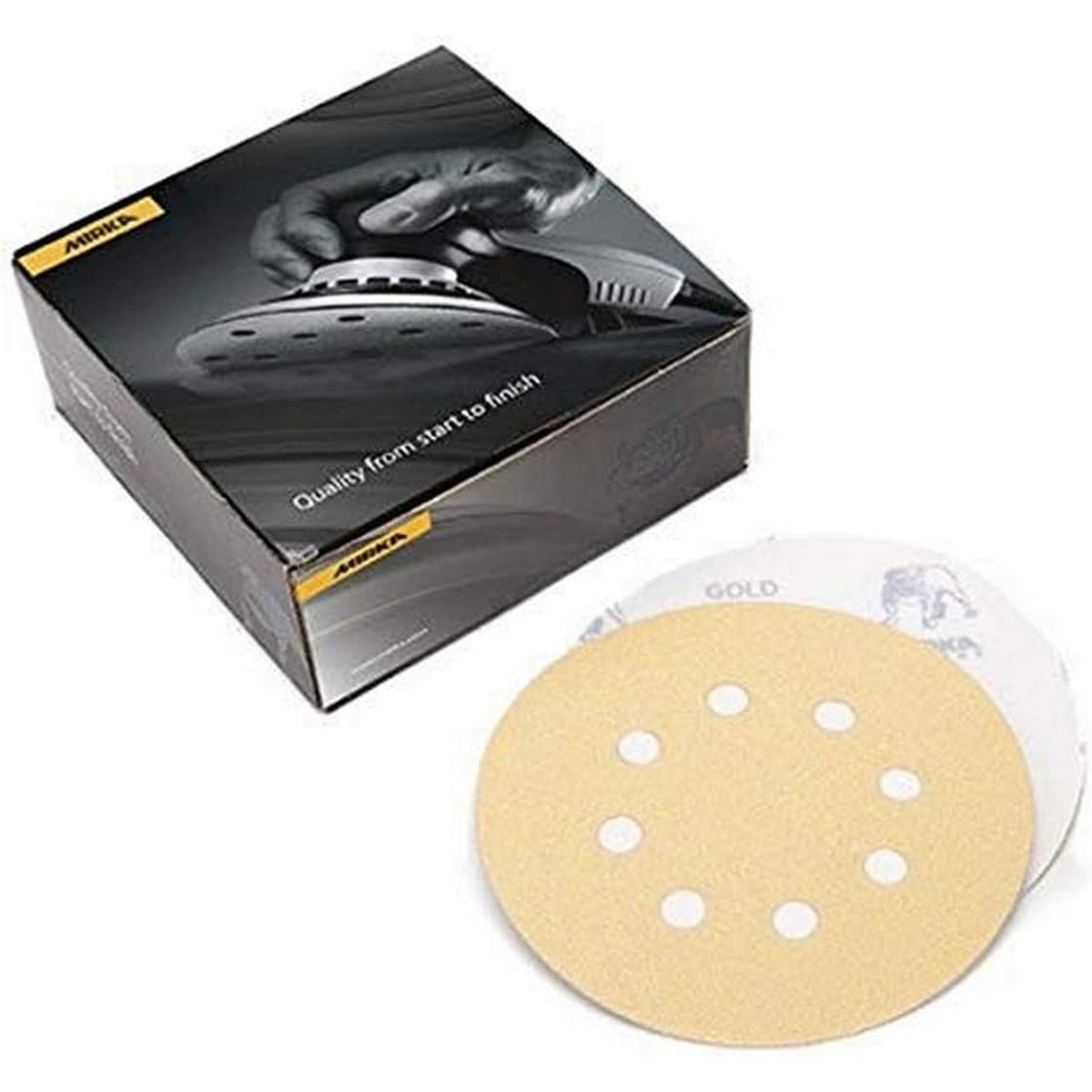 Mirka Gold 5 Inch 8 Hole PSA Vacuum Disc P80 100 Pieces with 8-hole pattern and PSA backing for dust-extracted sanding on paint, filler, wood, or metal