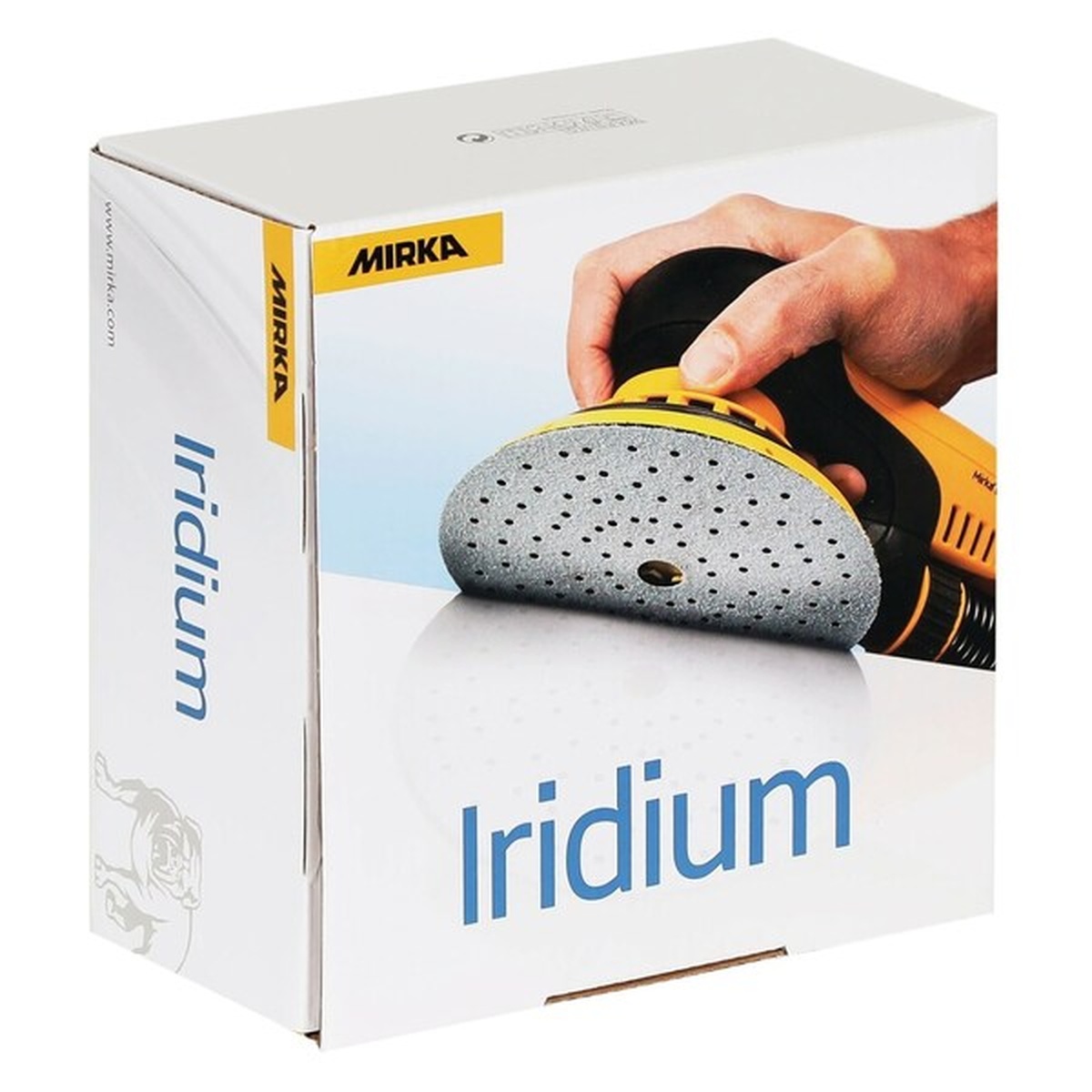 Box of Mirka Iridium 6 in Grip 121H 800 sanding discs for shop sanding, finish prep, and surface refinement work