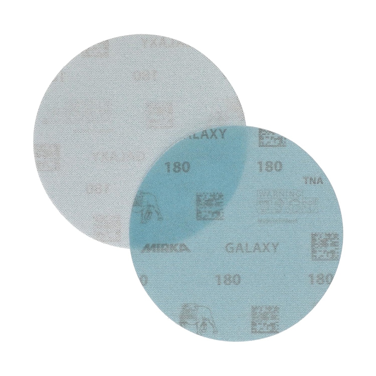 Mirka Galaxy 5-Inch 180 Grit Hook and Loop Sanding Discs showing hook and loop backing for quick mounting on a 5-inch random orbital sander