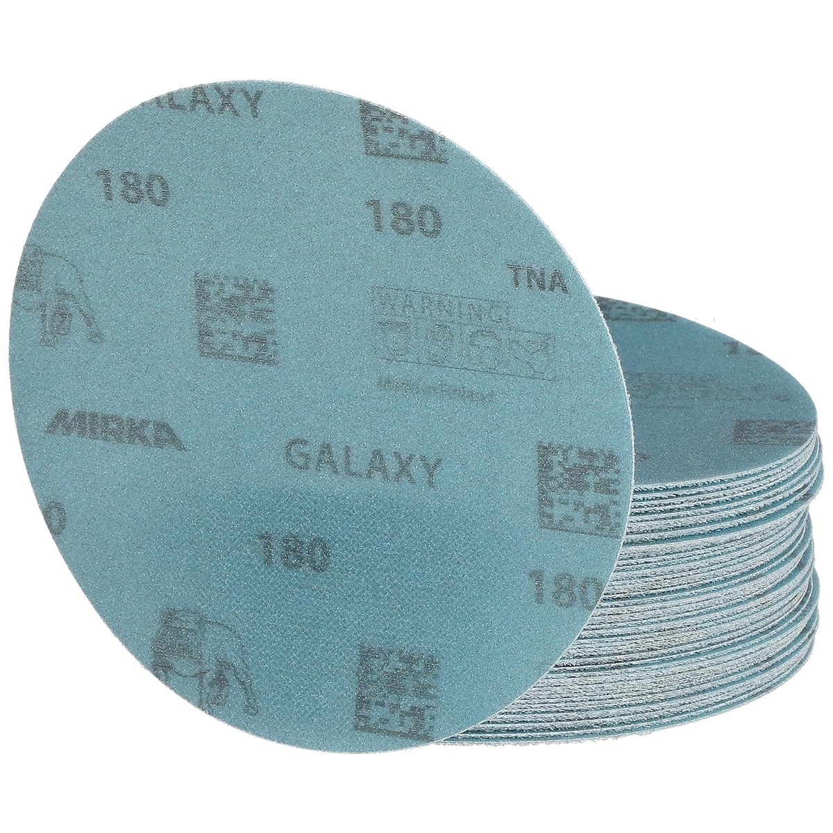Mirka Galaxy 5-Inch 180 Grit Hook and Loop Sanding Discs stack for paint prep, filler sanding, and resin surface work in a finishing shop