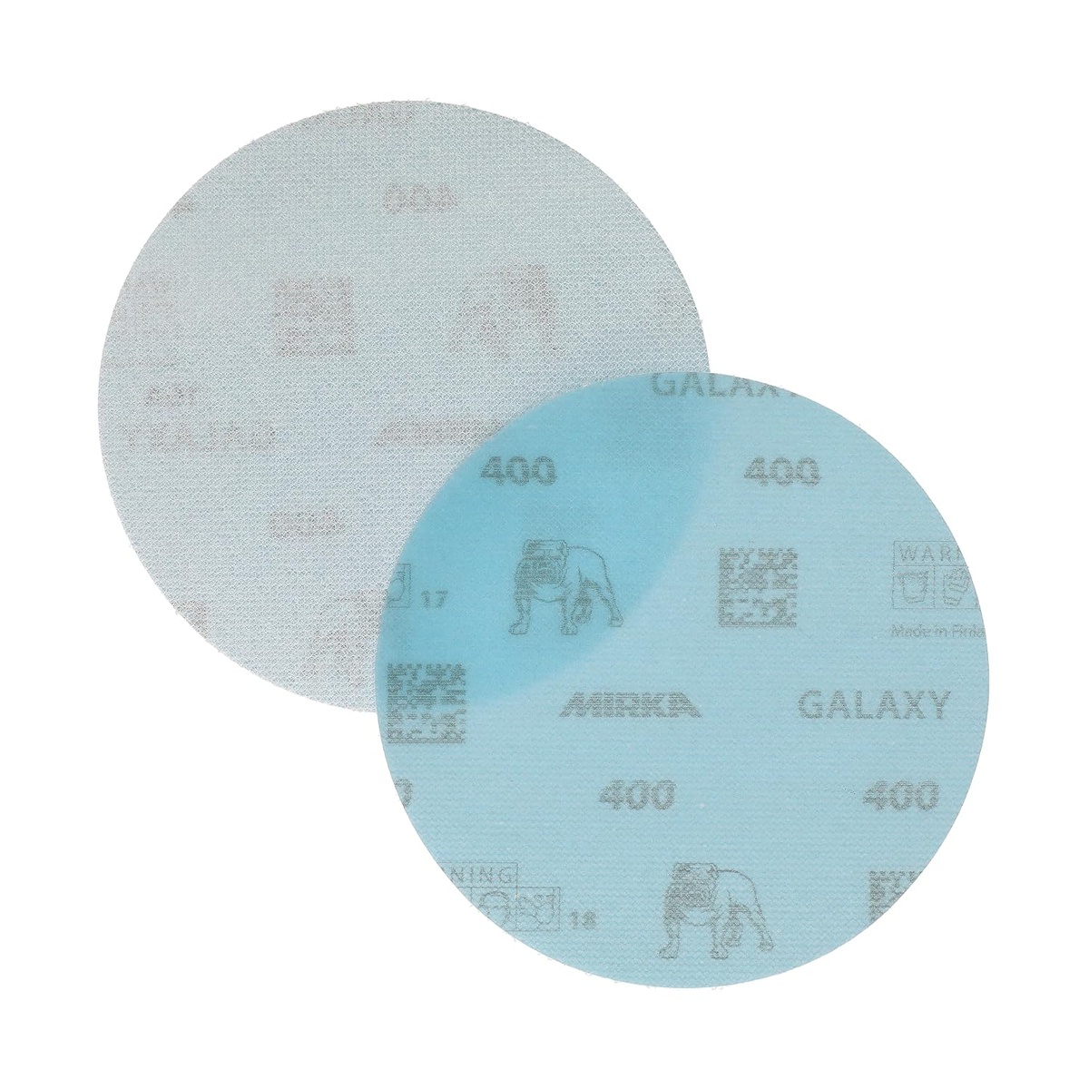 Mirka Galaxy FY-612-400 5 Inch Sanding Discs showing hook and loop backing for quick disc changes on a compatible random orbital sander