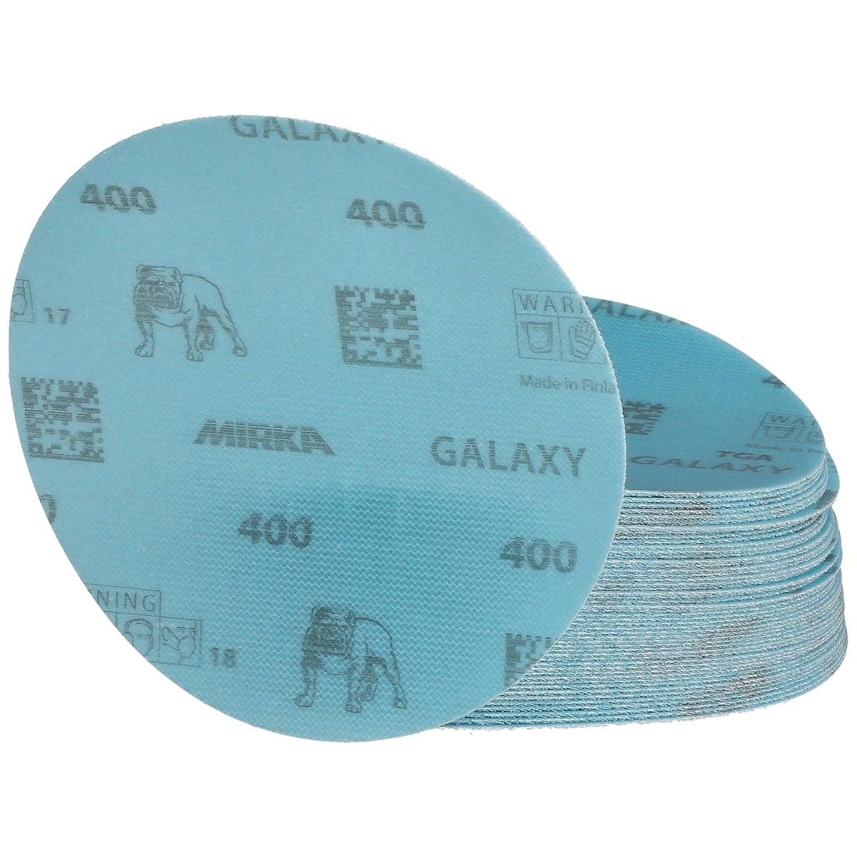 Mirka Galaxy FY-612-400 5 Inch Sanding Discs stacked for shop use on wood, metal, epoxy, primer, paint, and composite sanding tasks