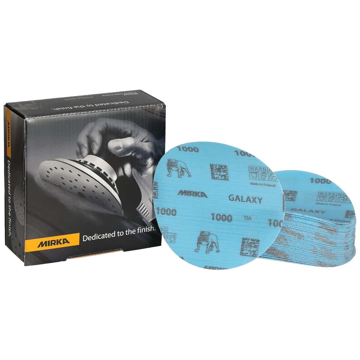 Mirka Galaxy 5 in 1000 Grit Hook and Loop Sanding Discs pack of 50 for shop sanding, automotive prep, woodworking, and epoxy finishing tasks