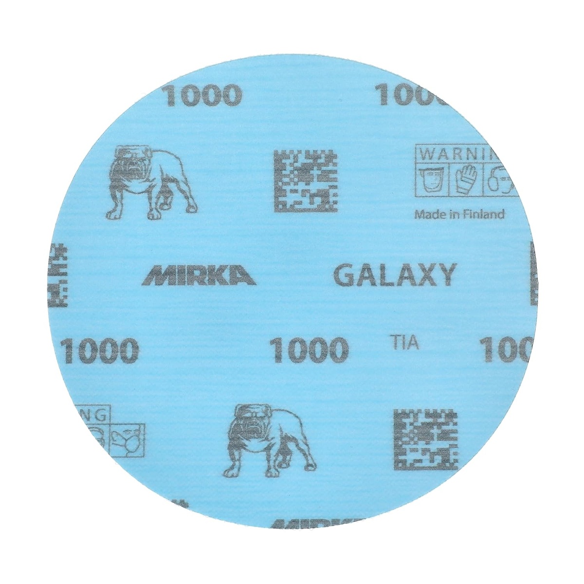 Mirka Galaxy 5 in 1000 Grit Hook and Loop Sanding Disc used for fine surface prep on wood, metal, epoxy, and painted surfaces in shop finishing work