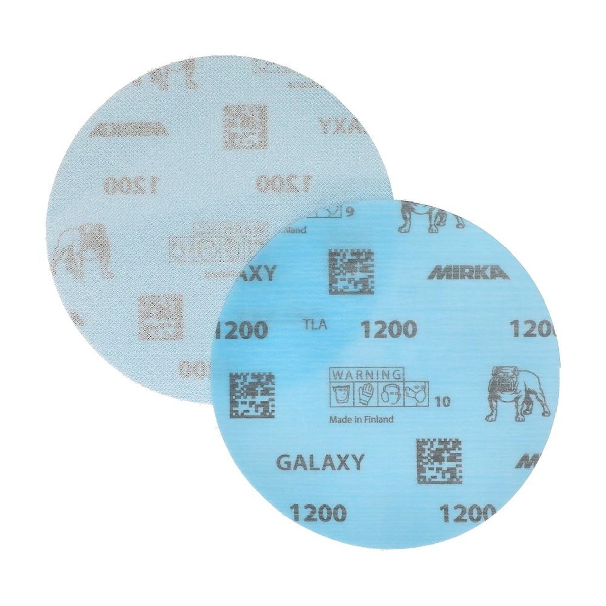 Mirka Galaxy 5 Inch Aluminum Oxide/Ceramic 1200 Grit Sanding Disc showing abrasive face and hook and loop backing for finishing work on wood, metal, and painted surfaces in a shop setting