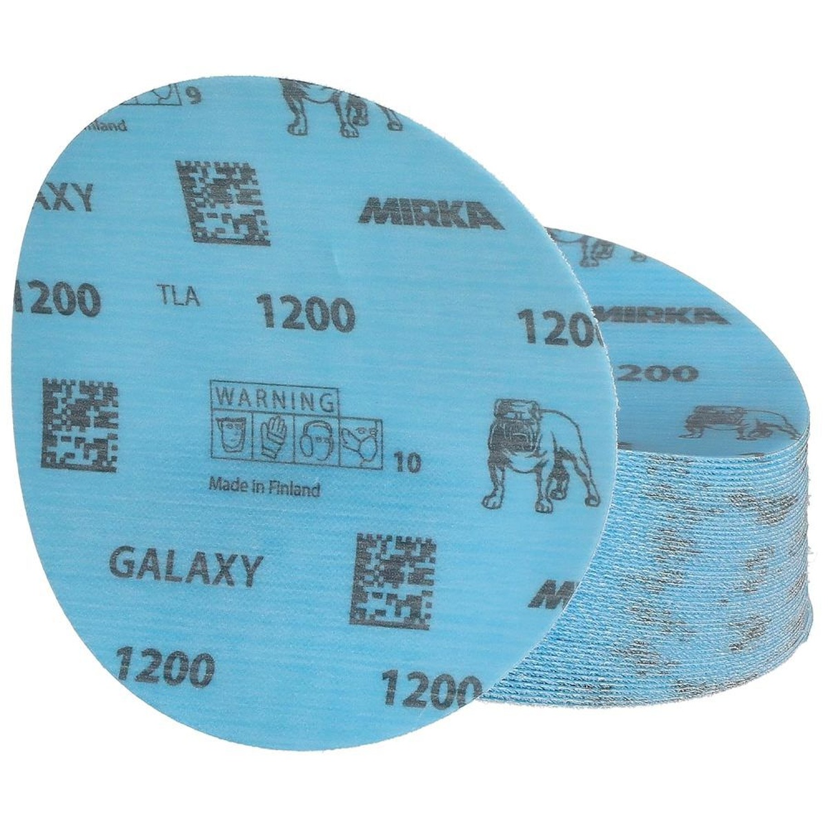 Stack of Mirka Galaxy 5 Inch Aluminum Oxide/Ceramic 1200 Grit Sanding Disc discs for extended sanding sessions on automotive, marine, and woodworking finishing tasks