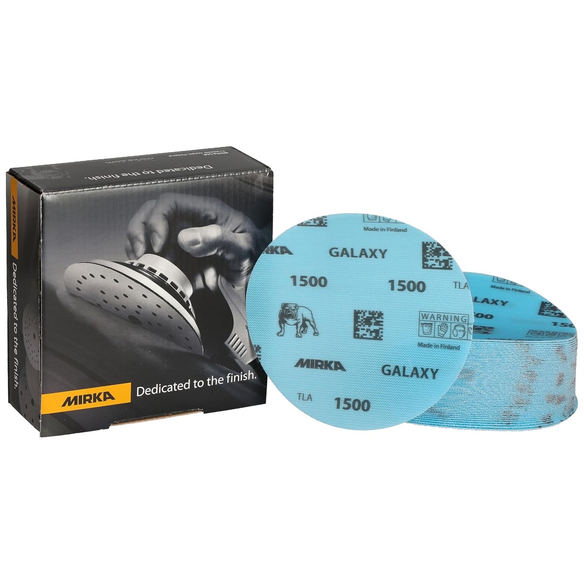 Mirka Galaxy 5-Inch 1500 Grit Sanding Discs packaging and disc stack for finish sanding in woodworking, automotive, and epoxy surface preparation