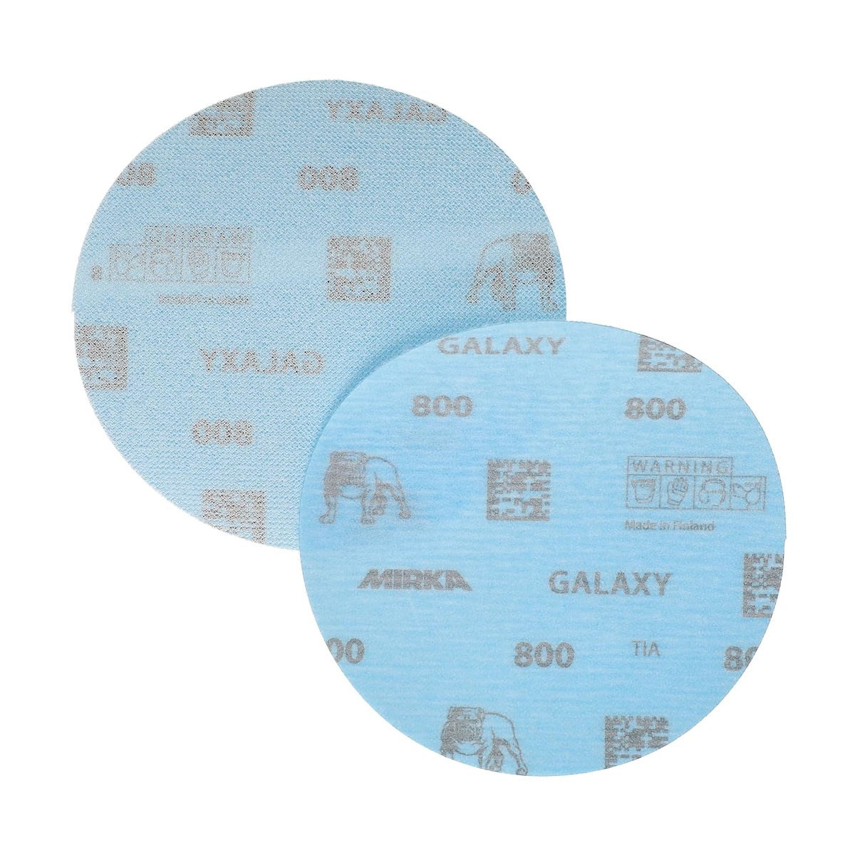 Mirka Galaxy 5 in 800 grit sanding discs showing hook and loop backing and abrasive face for quick changes on a 5 inch orbital sander