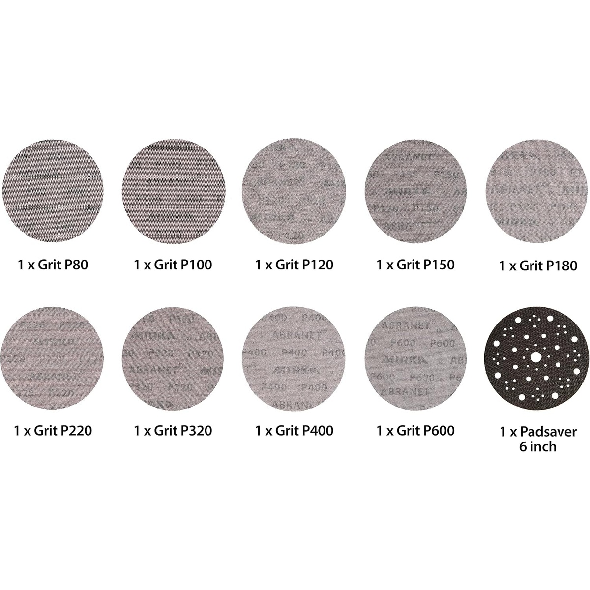 Mirka Abranet 6 Inch Assortment Disc Pack 10 Pieces showing the included P80 to P600 mesh sanding discs and 6 inch pad saver for multi-stage sanding work