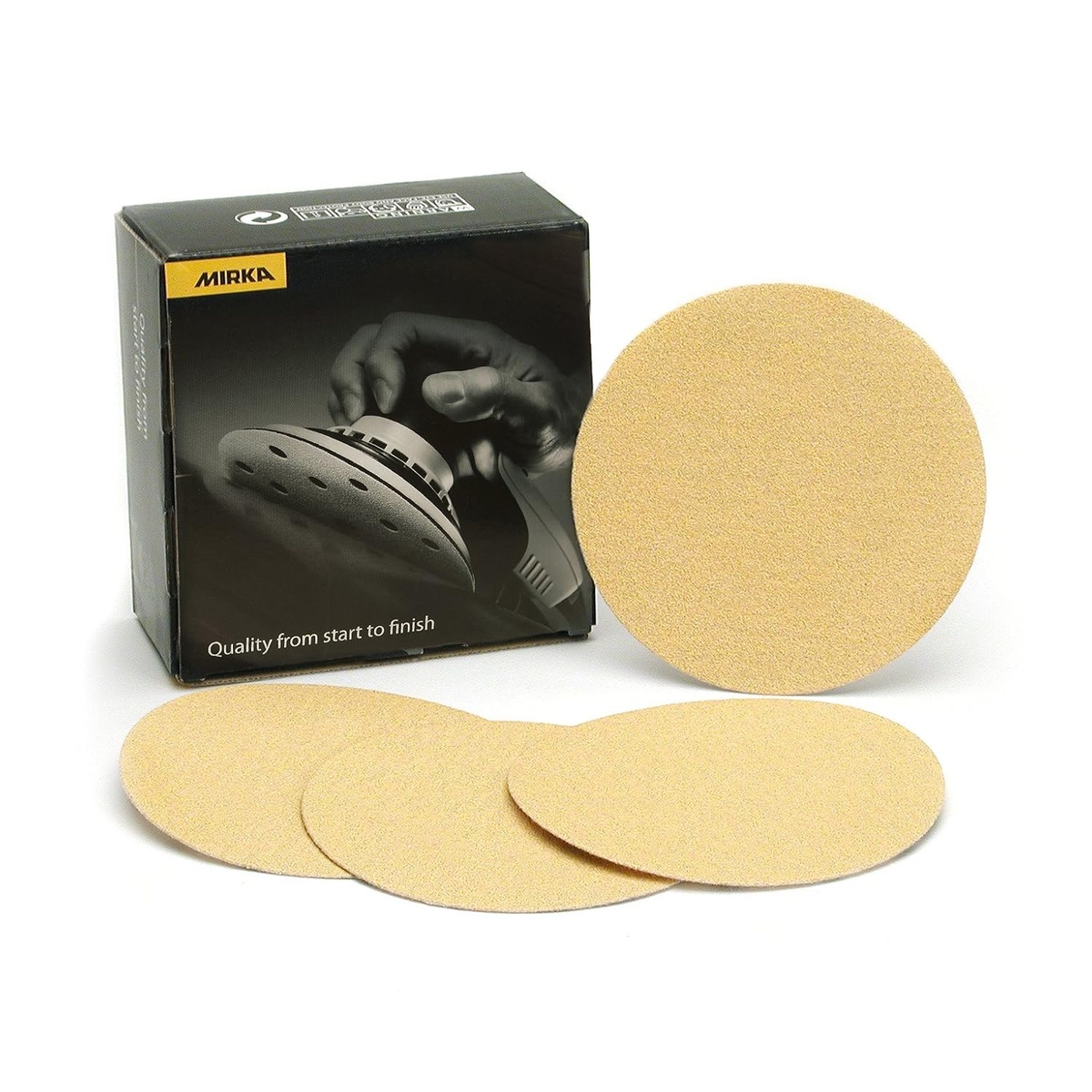 Mirka Bulldog Gold PSA Disc 23-341-600 6 inch sanding disc for fine finishing on wood metal and composite surfaces in a shop sanding setup