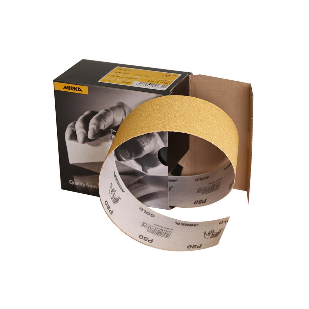 Mirka Gold 60 Ft. x 2-3/4 Inch P80 Grit Sanding Roll unrolled for shop sanding prep on wood, filler, paint, and metal surfaces