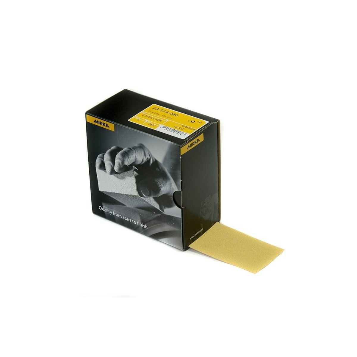 Mirka Gold 60 Ft. x 2-3/4 Inch P80 Grit Sanding Roll dispensing from box for sanding primer, body filler, and resinous wood in shop use