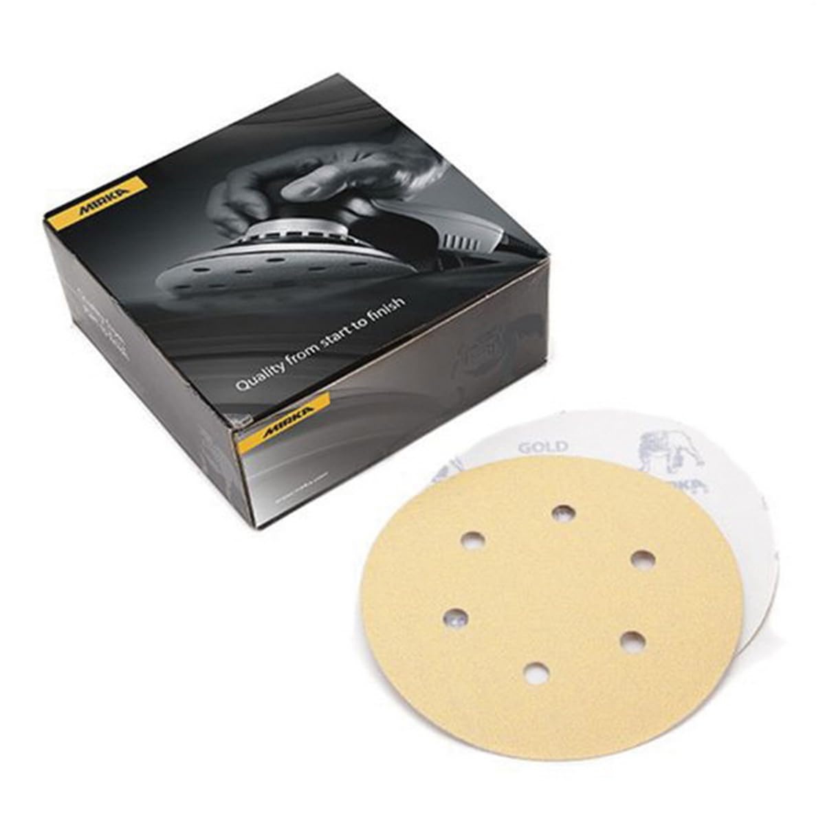 Mirka 23-612-400 Bulldog Gold Grip Disc box and 5 inch sanding disc for finish sanding and surface prep in automotive, wood, and metal shop work