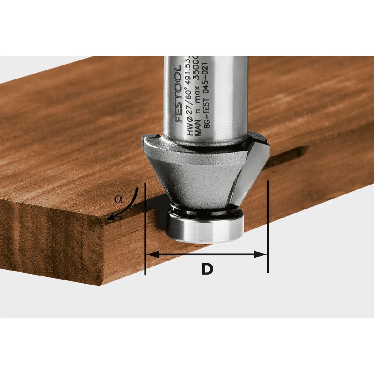 Festool HW 45°-OFK 500 Chamfer Cutter cutting a 45 degree chamfer on a solid wood board during edge-finishing work