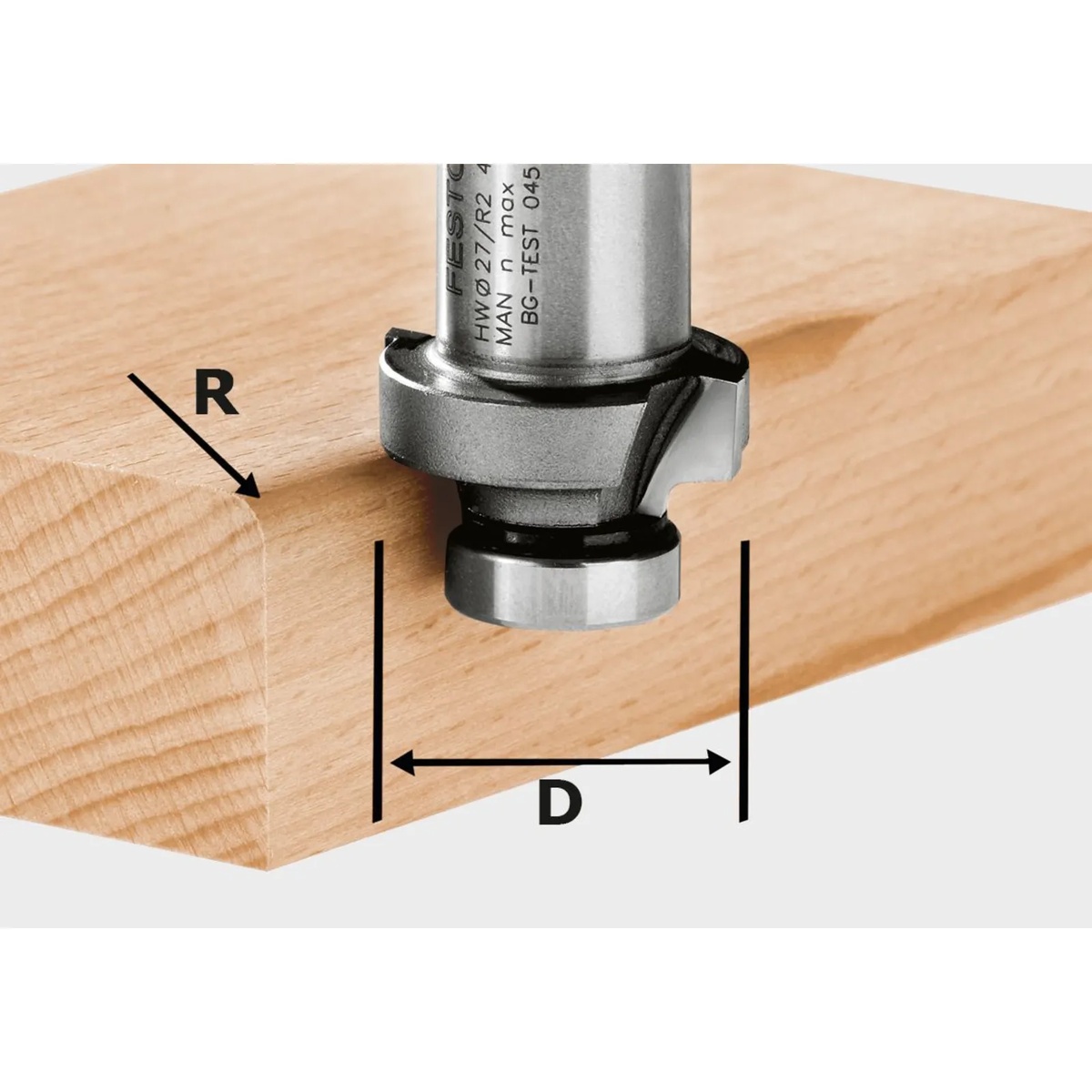 Festool HW R4-OFK 500 Roundover Cutter routing a rounded edge on a solid wood board during finish edge profiling