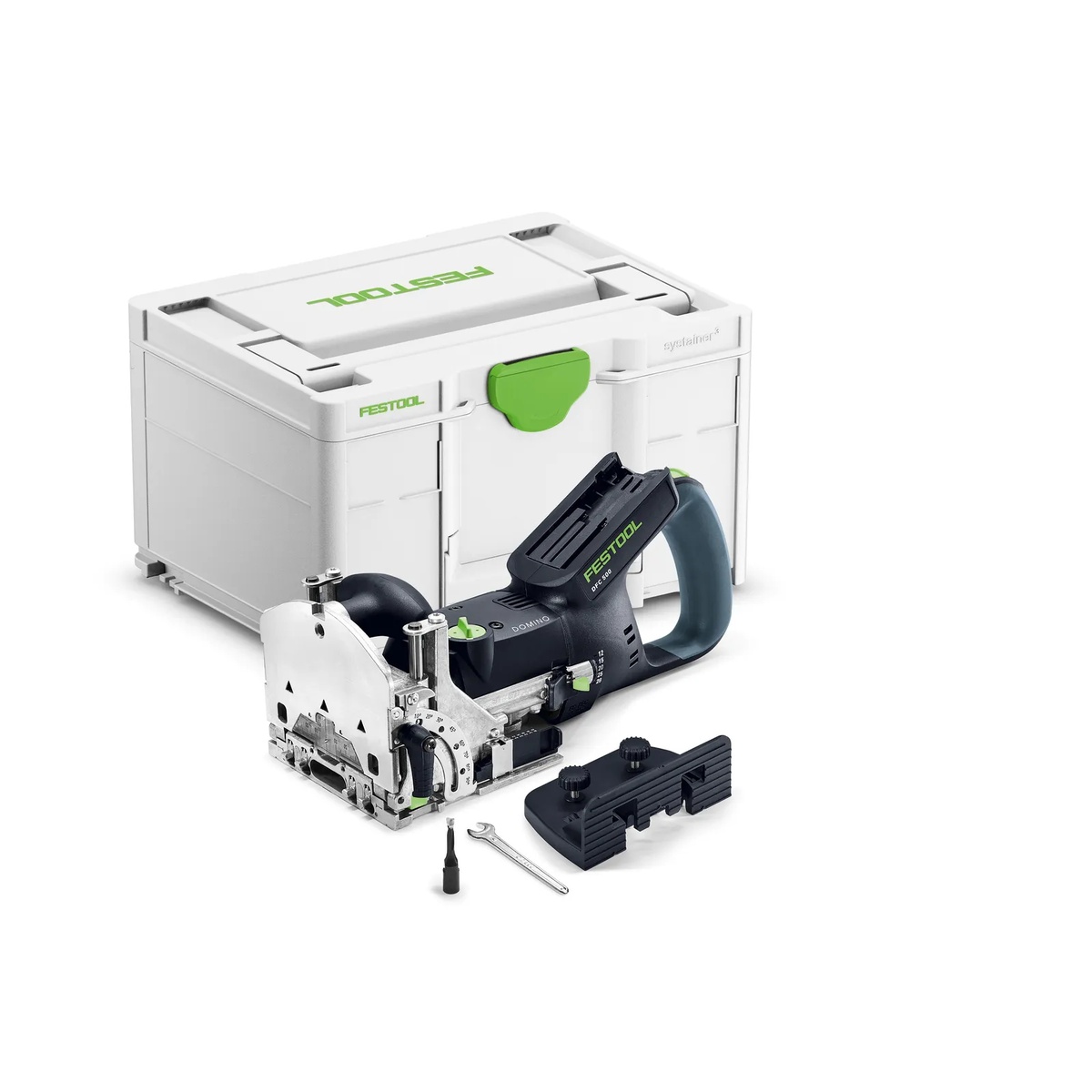 Festool DFC 500 E-Basic cordless joining machine shown with Systainer case and setup accessories on a clean work surface for wood joinery setup